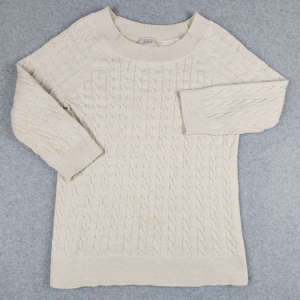 Ann Taylor LOFT Cream Cable Knit Sweater 3/4 Sleeve Metallic Sparkle Women's M